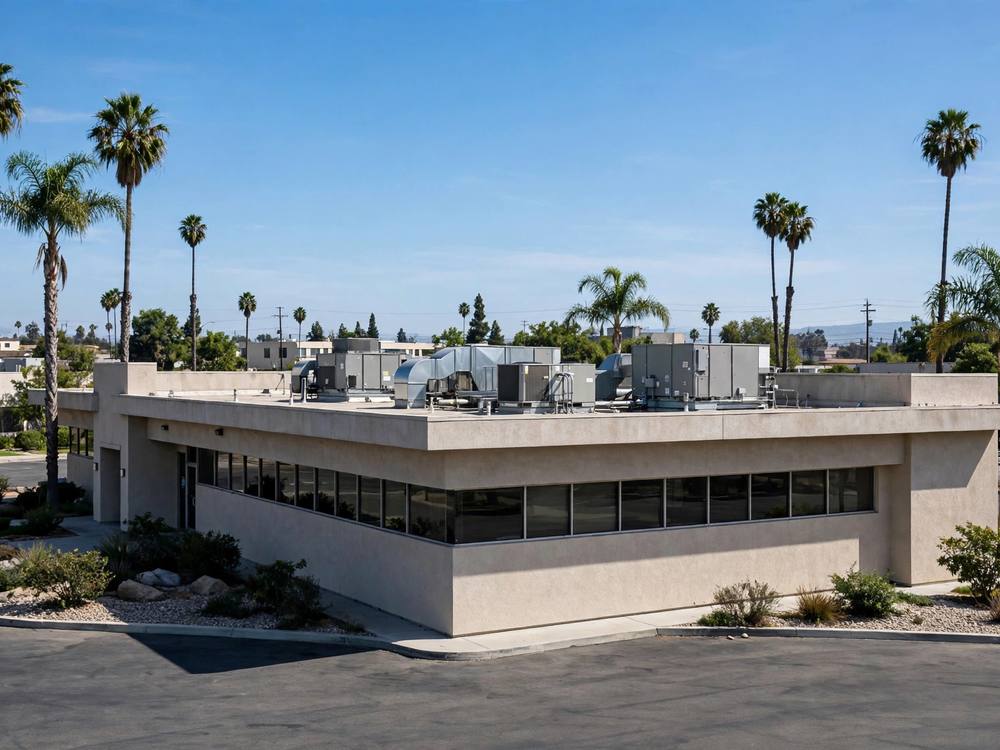 Simple architectural composition with a teal corrugated roof and white wall under clear blue sky.